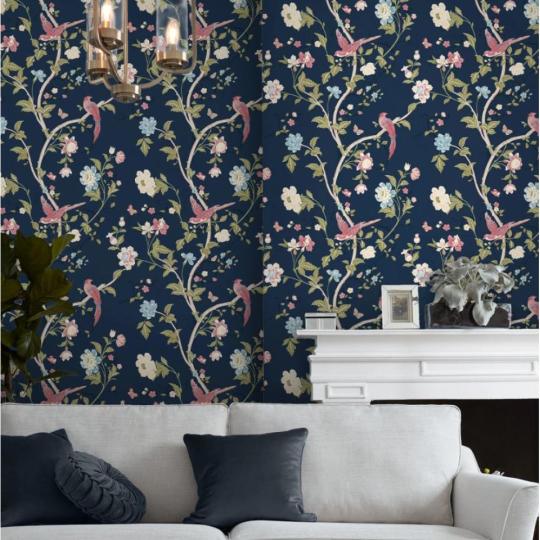 sotetkek szines noveny  madar mintas tapeta elegans kastely polgari lakas iroda kozmetia dekoracio szalon nappali etkezo.jpg